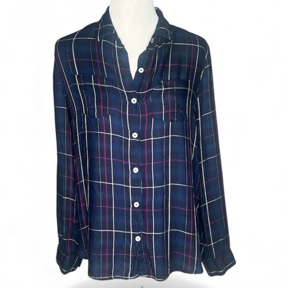 Harper Plaid Shirt Button Front Shirt Tails soft casual Western Cowgirl Blue MD